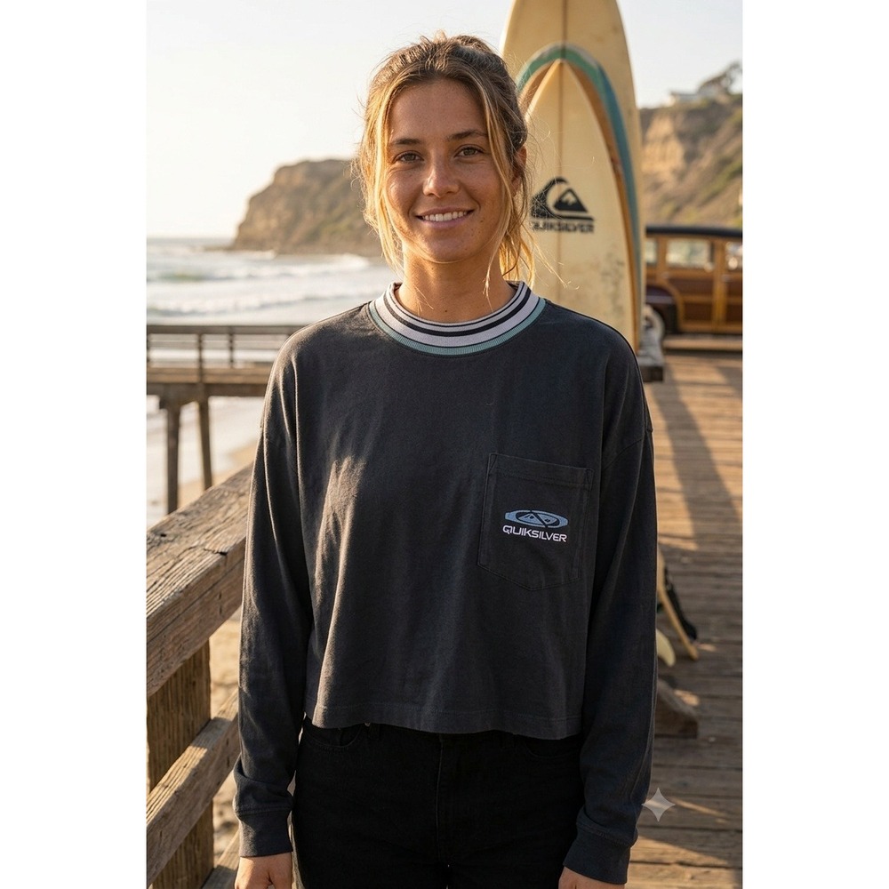 Quiksilver Womens Boxy Crop Long Sleeve T-Shirt Gray Striped Neck Small